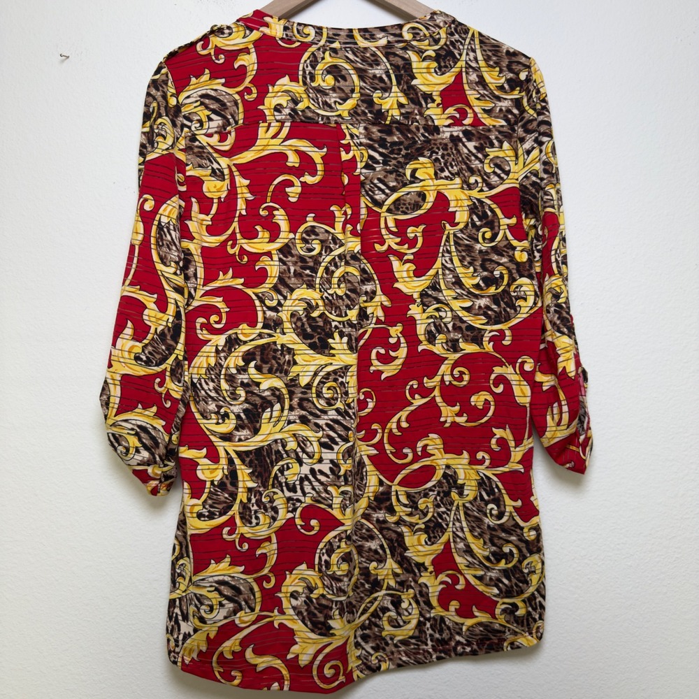 Cathy Women Equestrian Tunic Top M Red Baroque Leopard Print Henley Artsy‎ - Picture 7 of 10